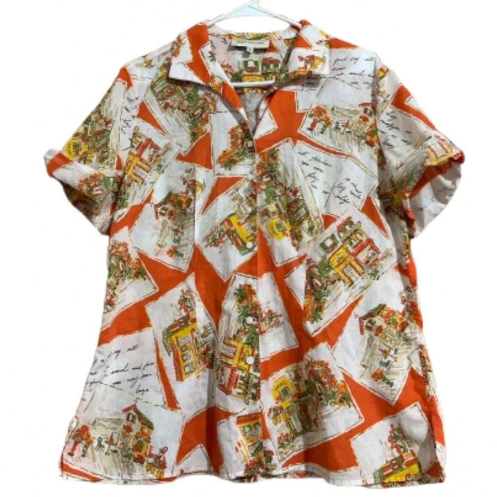 Jones NY Women’s Vibrant Orange Multi 100% Cotton Text Graphic Print Shirt Sz-L